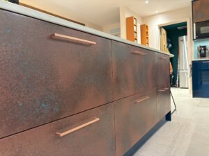 Sienna Orange, Majestic Teal & Oxidised Copper | Panelven Kitchens | Hampshire 