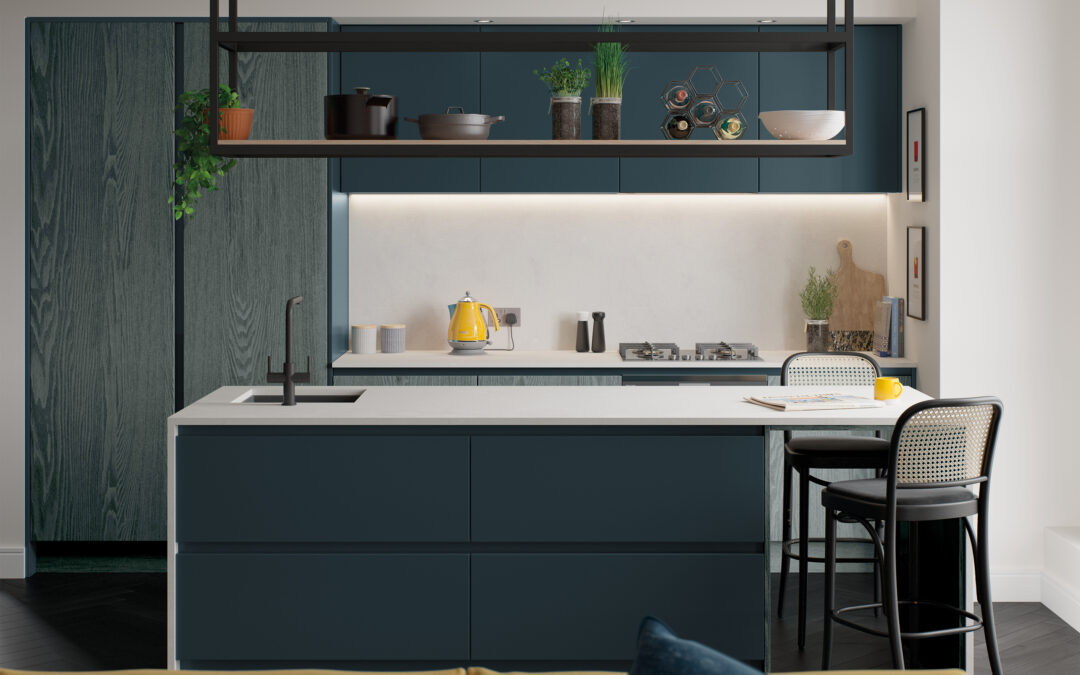 Blue Handle-less Kitchen | Panelven Kitchens | Hampshire